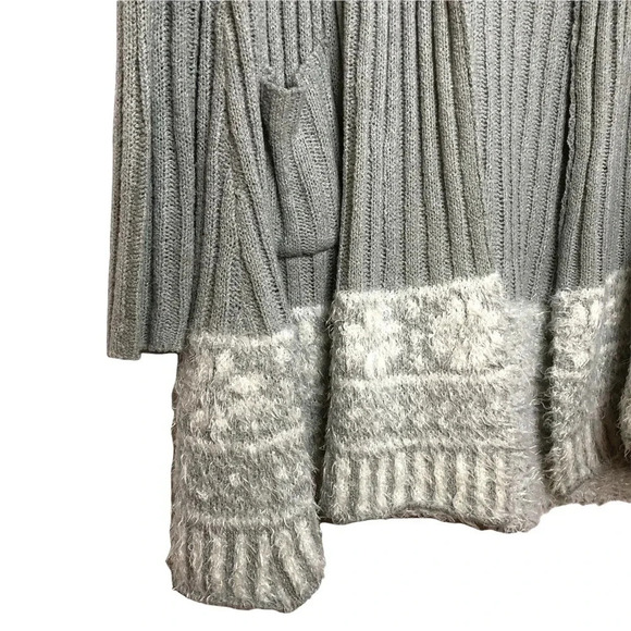 Longline Ribbed Braided Duster Open Cardigan Grey Fair Isle Hem Pockets M/L - Picture 4 of 8